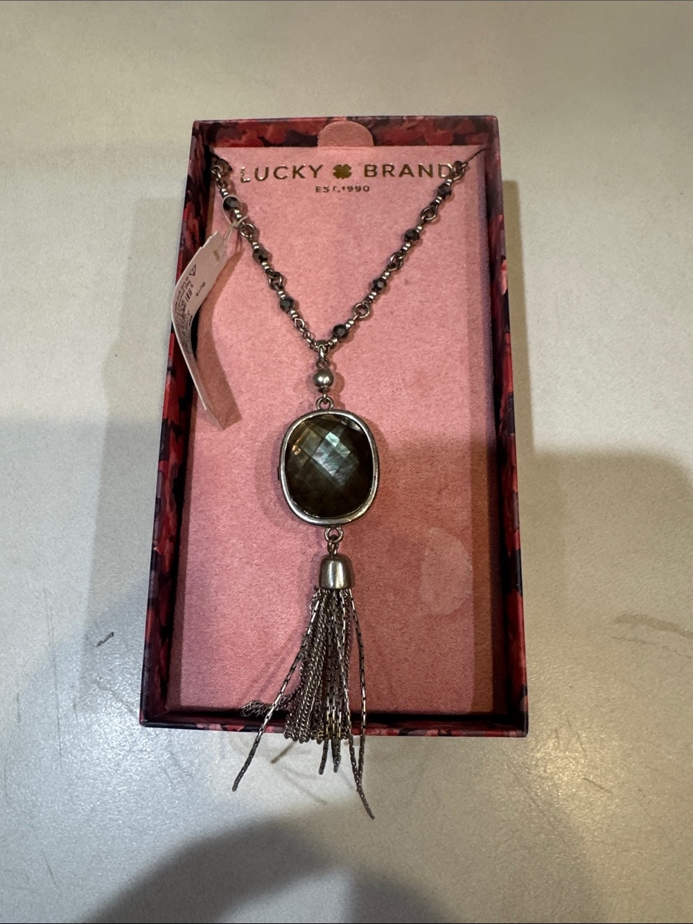 Lucky Brand Silver-Tone Necklace with Faceted Brown Pendant and Tassel
